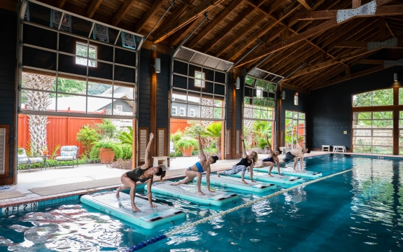 Floating yoga in the pool barn