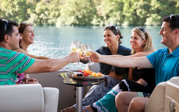 A Social Group Having a Toast by the Lake